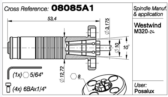 M320-24 WW エア ベアリング スピンドル ドリル コレット 1/8&quot; カートリッジ 11257 / 08085A1